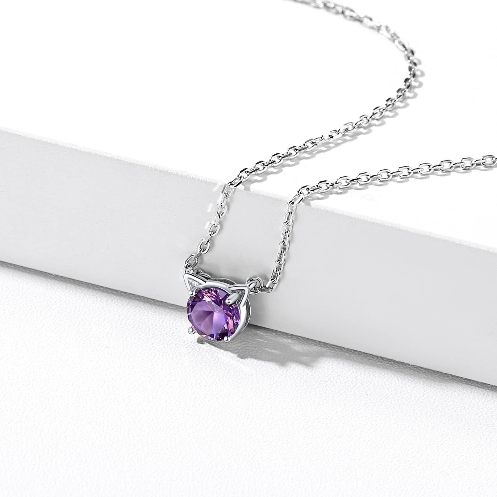 Cute Cat Necklace Sterling Silver Birthstone Pendant Necklace for Women Dainty Jewelry Valentines Day Gifts for Cat Lovers Wife Sister Mom