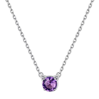 Cute Cat Necklace Sterling Silver Birthstone Pendant Necklace for Women Dainty Jewelry Valentines Day Gifts for Cat Lovers Wife Sister Mom